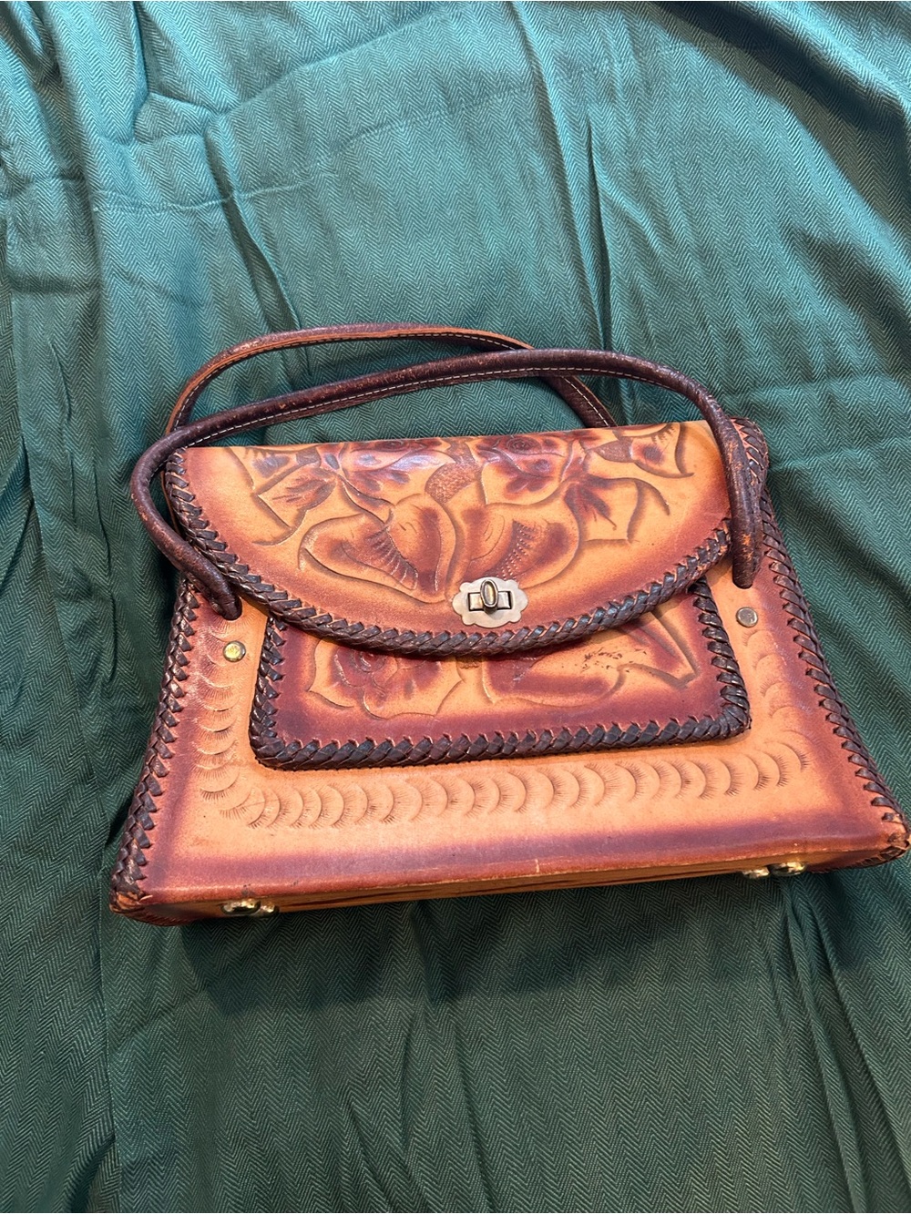 Vintage Tooled Leather Shoulder Bag in Brown